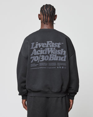A person with braided hair is seen from behind wearing the Basic Acid Sweater by LIVE FAST DIE YOUNG, an oversized black sweatshirt with bold gray text and vintage-wash details, crafted from a soft cotton-polyester blend.