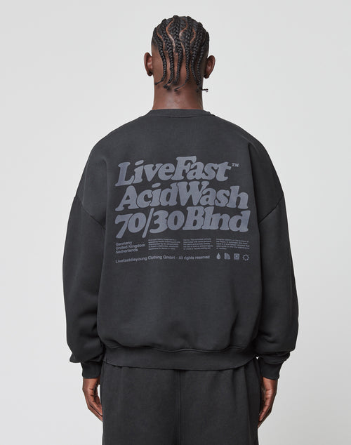 A person with braided hair is seen from behind wearing the Basic Acid Sweater by LIVE FAST DIE YOUNG, an oversized black sweatshirt with bold gray text and vintage-wash details, crafted from a soft cotton-polyester blend.
