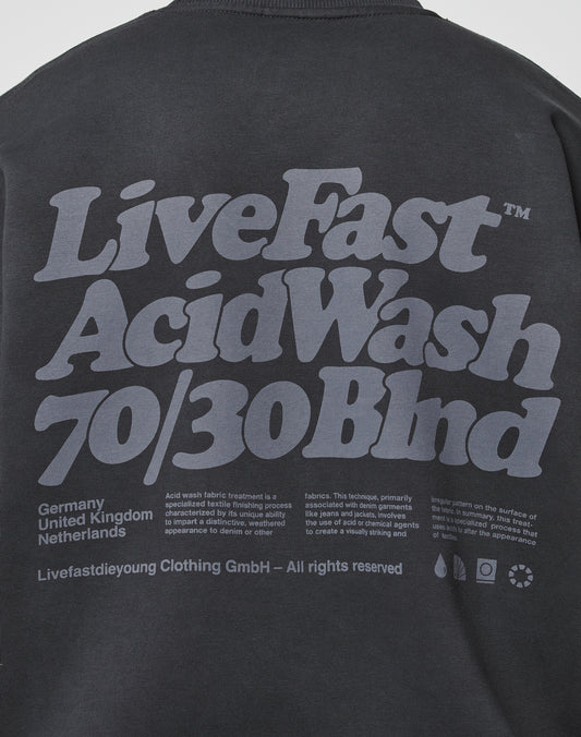 The Basic Acid Sweater by LIVE FAST DIE YOUNG is a black, oversized fit featuring large gray LiveFast text, details about Germany, UK, Netherlands, and crafted from cotton-polyester in a bold vintage wash.