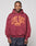 A person wears the LIVE FAST DIE YOUNG Live Fast Stallion Hooded, an oversize maroon hoodie with yellow LIVE FAST and running horses on the front, made from soft cotton and polyester, standing against a light gray background.