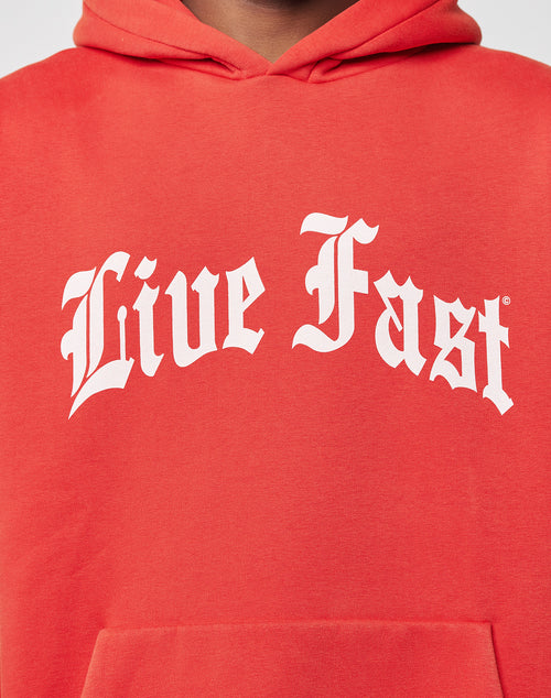 A close-up of the Live Fast Fractured Hooded by LIVE FAST DIE YOUNG in red, featuring bold white Gothic Live Fast lettering on the chest, a doppellagige Kapuze, and an oversize fit for maximum comfort.