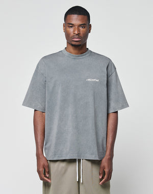 A man stands against a light gray background, wearing the LIVE FAST DIE YOUNG Basic +49 Chest Tee—an oversize, faded gray 100% Baumwolle shirt with a small chest logo—paired with light brown mesh shorts. He faces the camera neutrally.