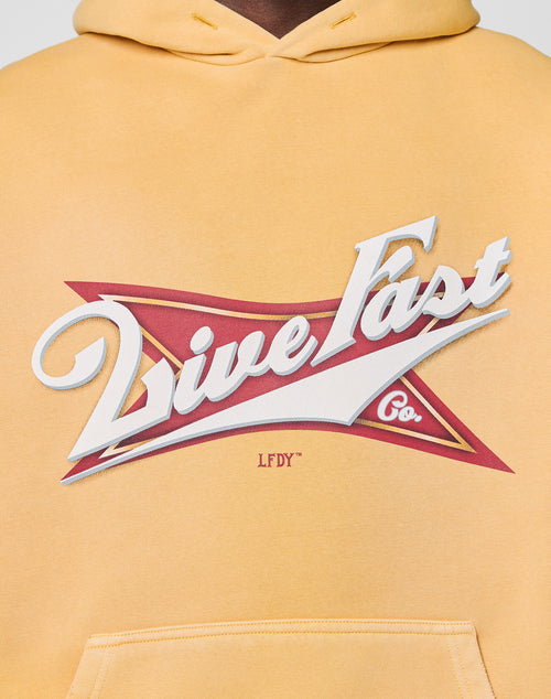 The LFDY Corp. Hooded by LIVE FAST DIE YOUNG is a yellow, oversized hoodie featuring a bold "Live Fast Co." frontprint with spray effect and LFDY printed underneath for a standout modern look.