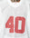 Close-up of the LFDY Mesh Jersey by LIVE FAST DIE YOUNG, a white oversized polyester sports jersey with red number 40, mesh fabric, and LFDY branding at the neckline.