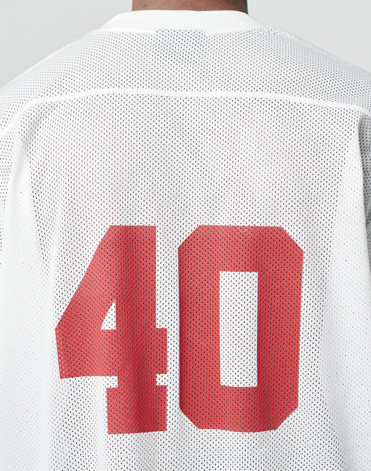 The LIVE FAST DIE YOUNG LFDY Mesh Jersey features a classic V-Ausschnitt, 100% polyester construction, white mesh design, and bold red number 40 on the back.