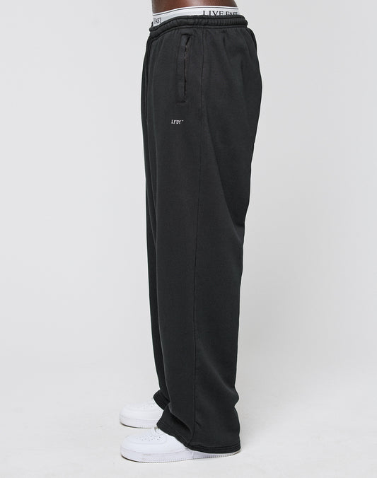 A person wears LIVE FAST DIE YOUNGs Basic Wide Jogger—oversize black sweatpants with an elastic waistband, side pockets, and a small LFYT logo—paired with white sneakers; only their lower half is visible on a plain background.
