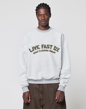 A person with braided hair wears a LIVE FAST DIE YOUNG LFDY District Sweater and loose brown pants, standing against a plain, light background.
