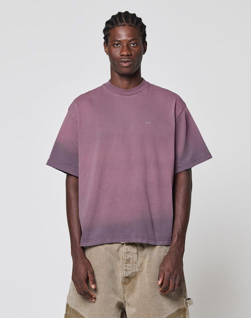 A man with braided hair wears the LIVE FAST DIE YOUNG Live Fast District Tee, an oversize faded mauve T-shirt with spray effect, made from 100% cotton, and light brown cargo shorts, standing against a plain light gray background.