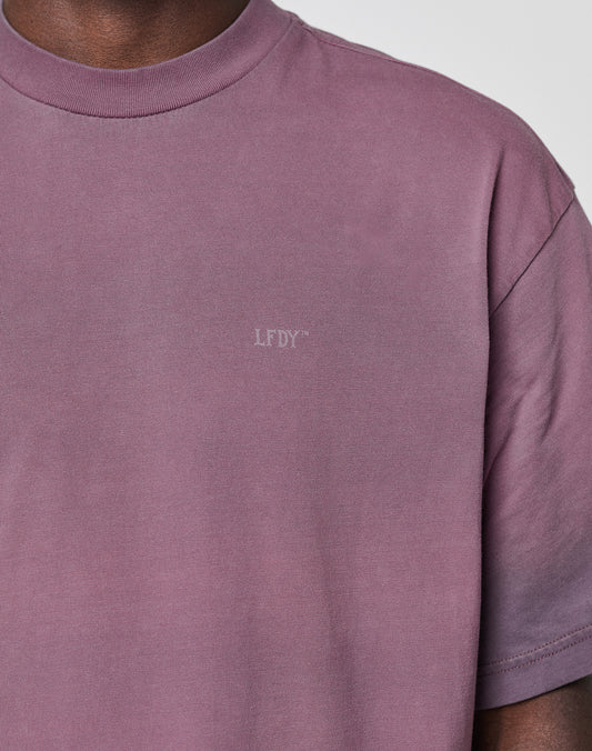 A person wearing the LIVE FAST DIE YOUNG Live Fast District Tee in mauve, an oversized short-sleeve shirt made from 100% Baumwolle, with subtle LFDY text on the chest. Only the upper torso is visible.