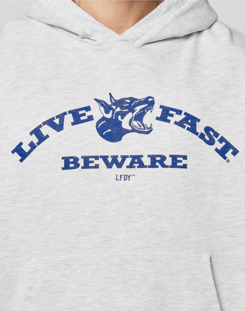Someone wears the LIVE FAST DIE YOUNG Live Fast Beware Hooded, an oversized light gray double-layer hoodie featuring a blue snarling dog print, with LIVE FAST above, BEWARE below, and LFDY at the bottom.