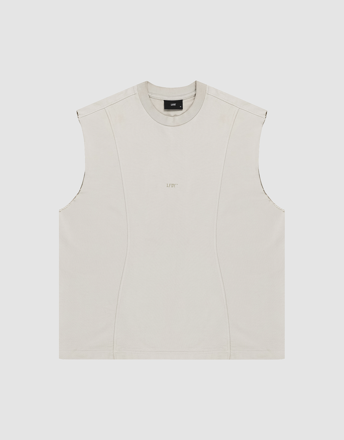The LIVE FAST DIE YOUNG Heavy Muscle Tank is a sleeveless, light beige 100% cotton top with subtle seams, a crew neckline, and “LIFTY” text printed on the chest. Oversized fit shown laid flat on a plain white background. | plain