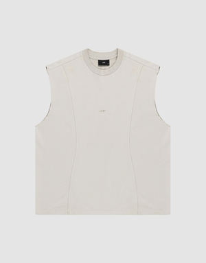 The LIVE FAST DIE YOUNG Heavy Muscle Tank is a sleeveless, light beige 100% cotton top with subtle seams, a crew neckline, and “LIFTY” text printed on the chest. Oversized fit shown laid flat on a plain white background. | plain