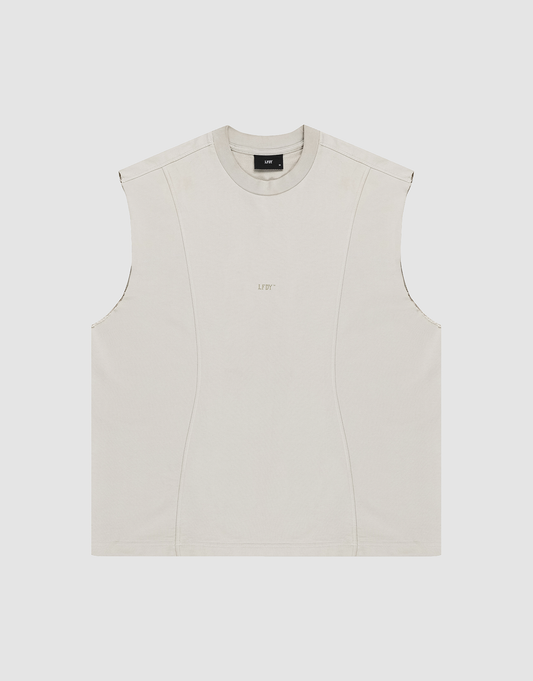 The LIVE FAST DIE YOUNG Heavy Muscle Tank is a sleeveless, light beige 100% cotton top with subtle seams, a crew neckline, and “LIFTY” text printed on the chest. Oversized fit shown laid flat on a plain white background. | plain