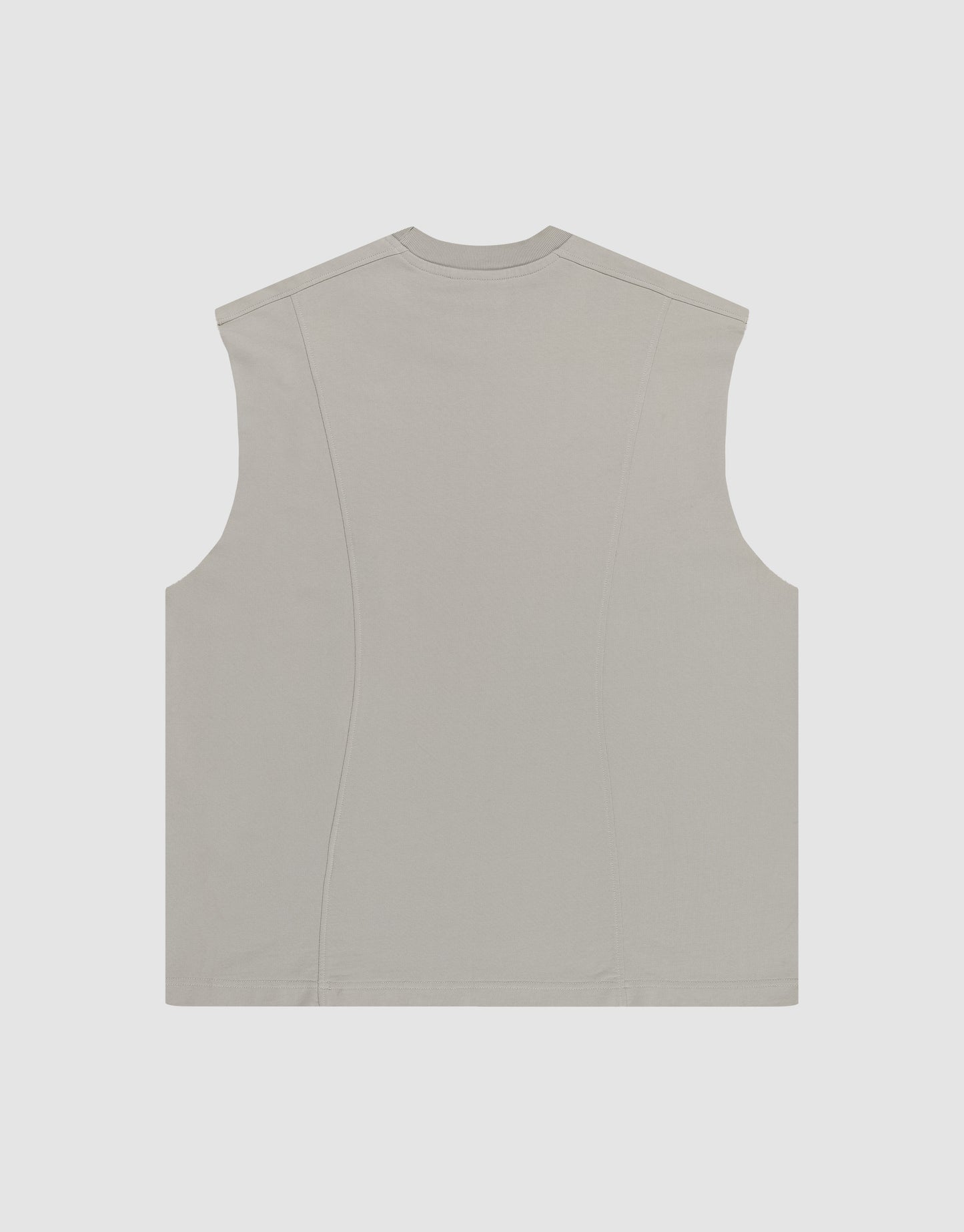A LIVE FAST DIE YOUNG Heavy Muscle Tank in light gray with an oversize, sleeveless design is laid flat, back side up, on a plain white background, highlighting its simple seam details.