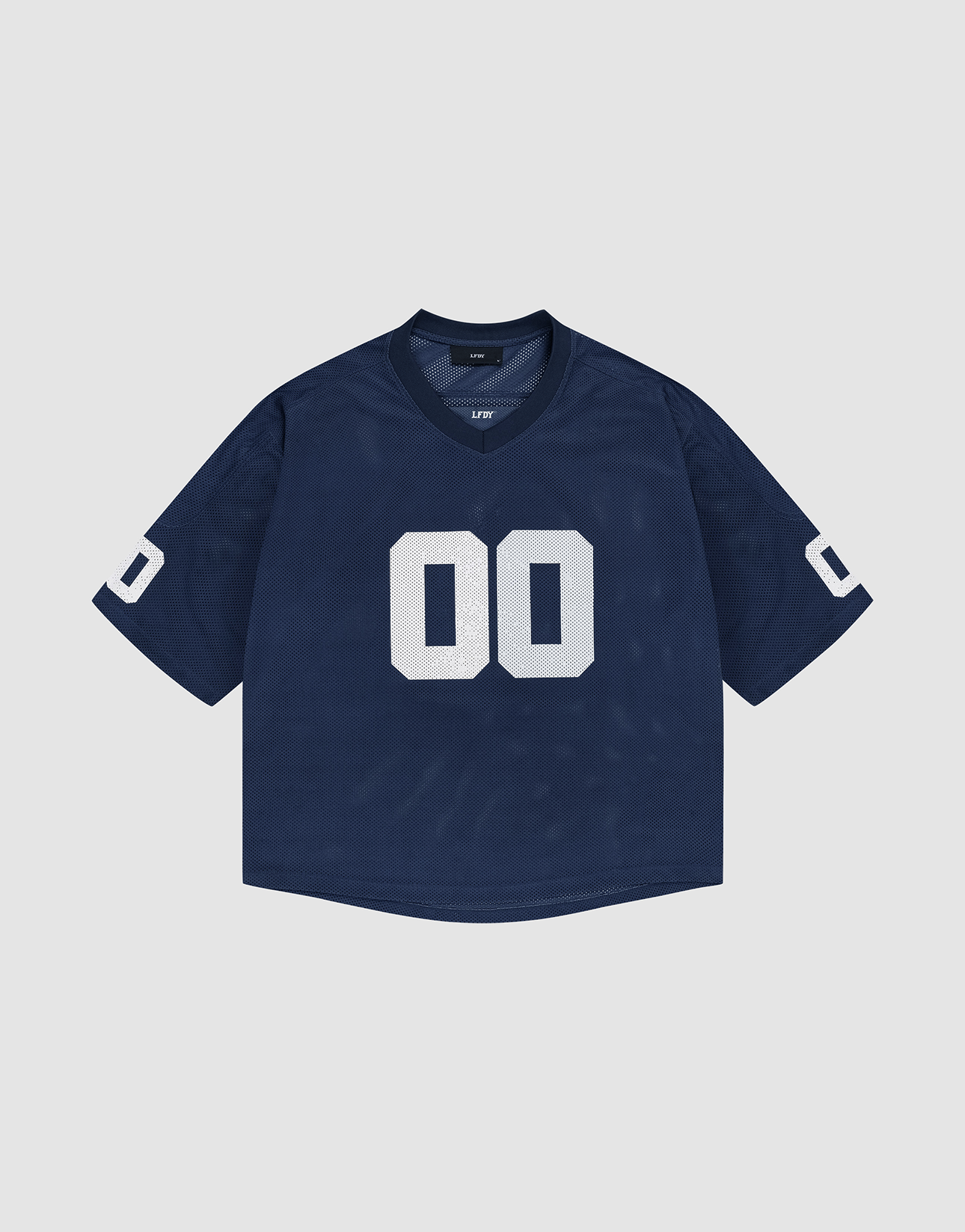 The LFDY Mesh Jersey by LIVE FAST DIE YOUNG is a navy blue short-sleeve sports top with white “00” on the front and sleeves, V-neck, oversize fit, and soft polyester material, shown laid flat on a light gray background. | plain