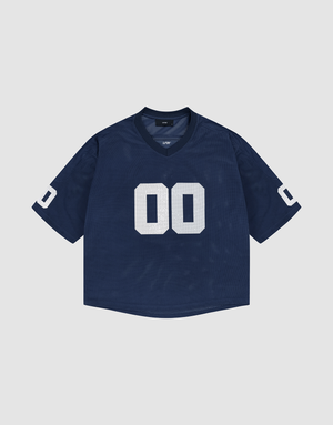 The LFDY Mesh Jersey by LIVE FAST DIE YOUNG is a navy blue short-sleeve sports top with white “00” on the front and sleeves, V-neck, oversize fit, and soft polyester material, shown laid flat on a light gray background. | plain