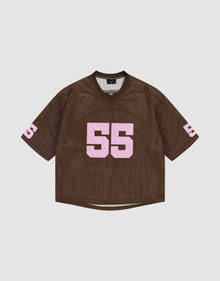 The LFDY Mesh Jersey by LIVE FAST DIE YOUNG is a brown polyester sports top with an oversized fit, showcasing the number 55 in bold pink print on the front and sleeves, shown against a plain white background. | plain