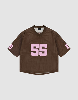 The LFDY Mesh Jersey by LIVE FAST DIE YOUNG is a brown polyester sports top with an oversized fit, showcasing the number 55 in bold pink print on the front and sleeves, shown against a plain white background. | plain