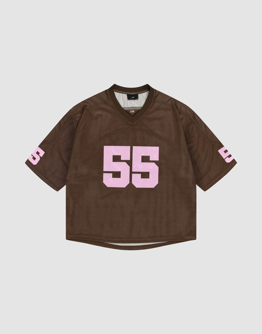 The LFDY Mesh Jersey by LIVE FAST DIE YOUNG is a brown polyester sports top with an oversized fit, showcasing the number 55 in bold pink print on the front and sleeves, shown against a plain white background. | plain