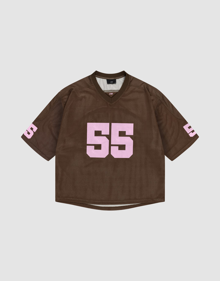 The LFDY Mesh Jersey by LIVE FAST DIE YOUNG is a brown polyester sports top with an oversized fit, showcasing the number 55 in bold pink print on the front and sleeves, shown against a plain white background. | plain