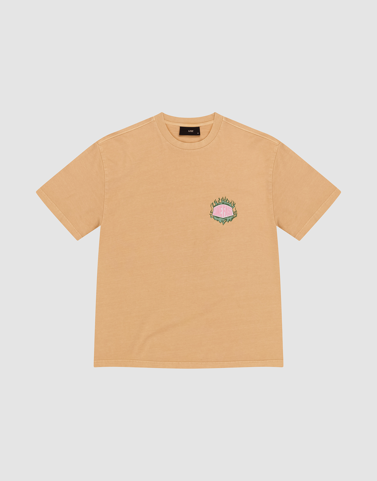 The LFDY Flames Chest Tee by LIVE FAST DIE YOUNG is a tan regular fit short-sleeve shirt, crafted from 100% Baumwolle, with a small colorful flames graphic and text on the left chest, shown against a white background. | plain