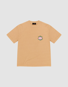 The LFDY Flames Chest Tee by LIVE FAST DIE YOUNG is a tan regular fit short-sleeve shirt, crafted from 100% Baumwolle, with a small colorful flames graphic and text on the left chest, shown against a white background. | plain