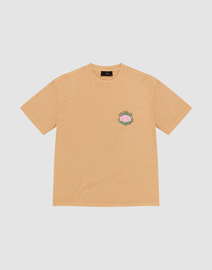 The LFDY Flames Chest Tee by LIVE FAST DIE YOUNG is a tan regular fit short-sleeve shirt, crafted from 100% Baumwolle, with a small colorful flames graphic and text on the left chest, shown against a white background. | plain