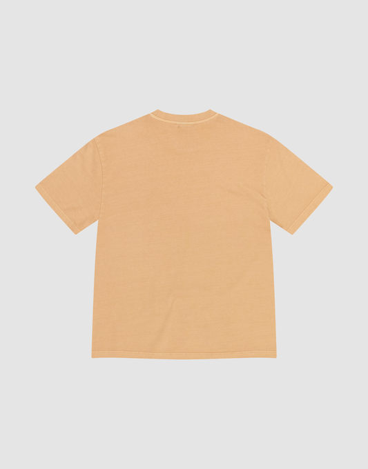 The LFDY Flames Chest Tee by LIVE FAST DIE YOUNG is a plain, short-sleeved light orange T-shirt made from 100% Baumwolle, shown laid flat on a white background with the back facing up.