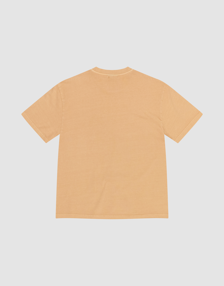 The LFDY Flames Chest Tee by LIVE FAST DIE YOUNG is a plain, short-sleeved light orange T-shirt made from 100% Baumwolle, shown laid flat on a white background with the back facing up.