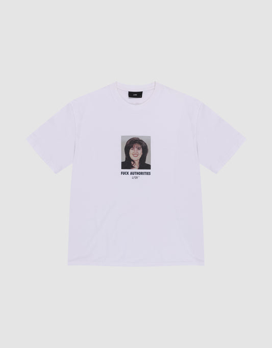 The LFDY Authorities Tee by LIVE FAST DIE YOUNG is a white regular fit shirt made from 100% Baumwolle, featuring a bold front print of a person showing their middle finger with "FUCK AUTHORITIES ART" in black text below. | plain