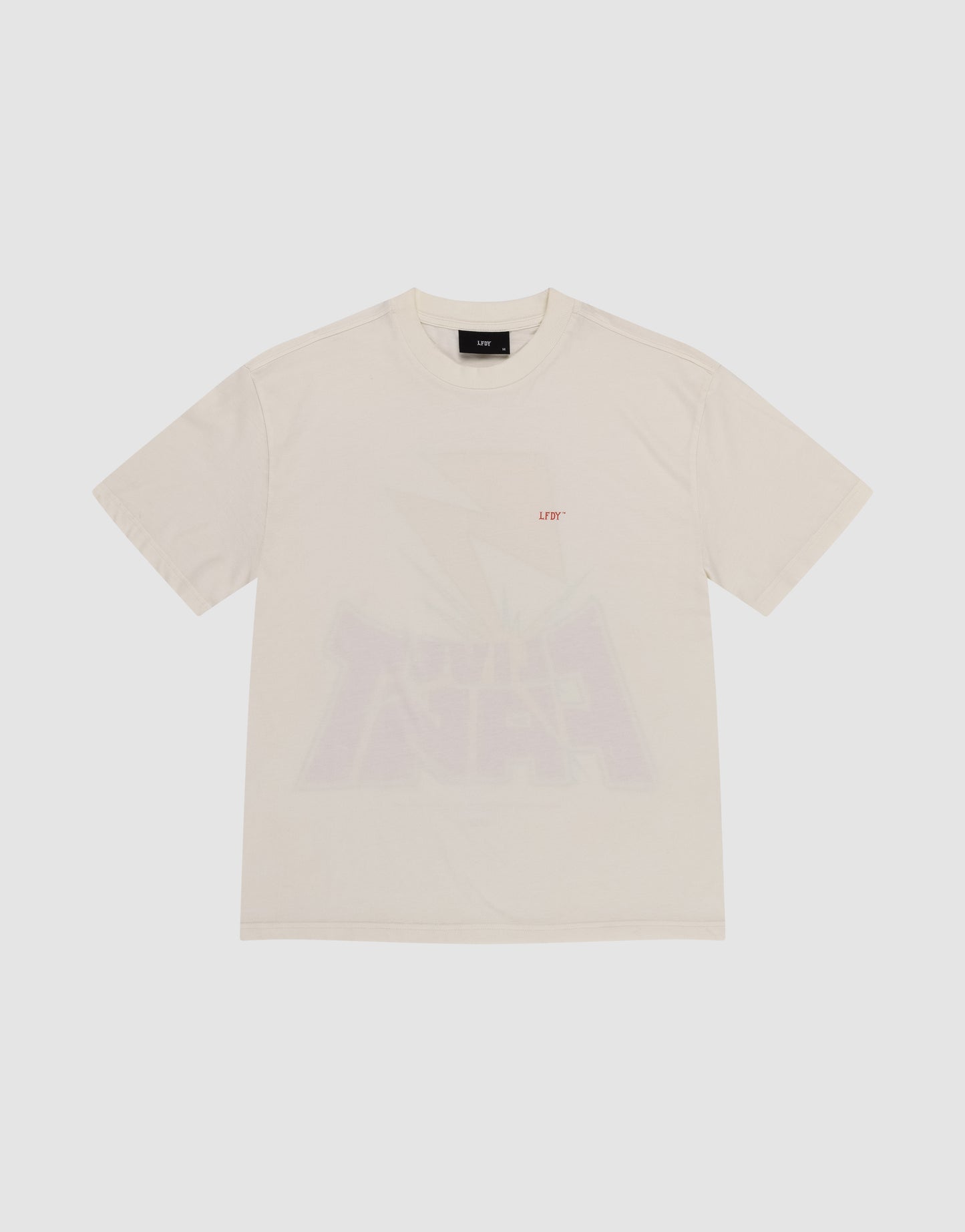 The LFDY Flash Tee by LIVE FAST DIE YOUNG is an off-white, oversized short-sleeve shirt with a small red "UFT" logo on the chest, subtle large graphics front and back, made from soft 160gsm fabric, shown flat on a white background.