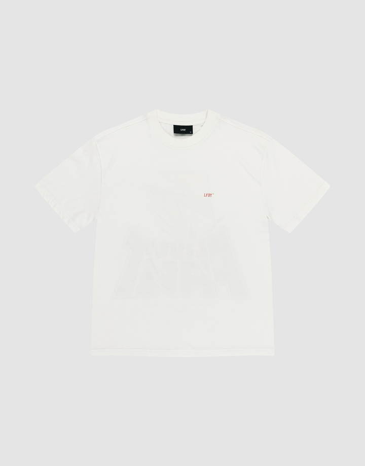 The LFDY Flash Tee by LIVE FAST DIE YOUNG is a plain white short-sleeve t-shirt with a small red LIFT logo on the left chest, made from soft 160gsm fabric and displayed flat on a light background.