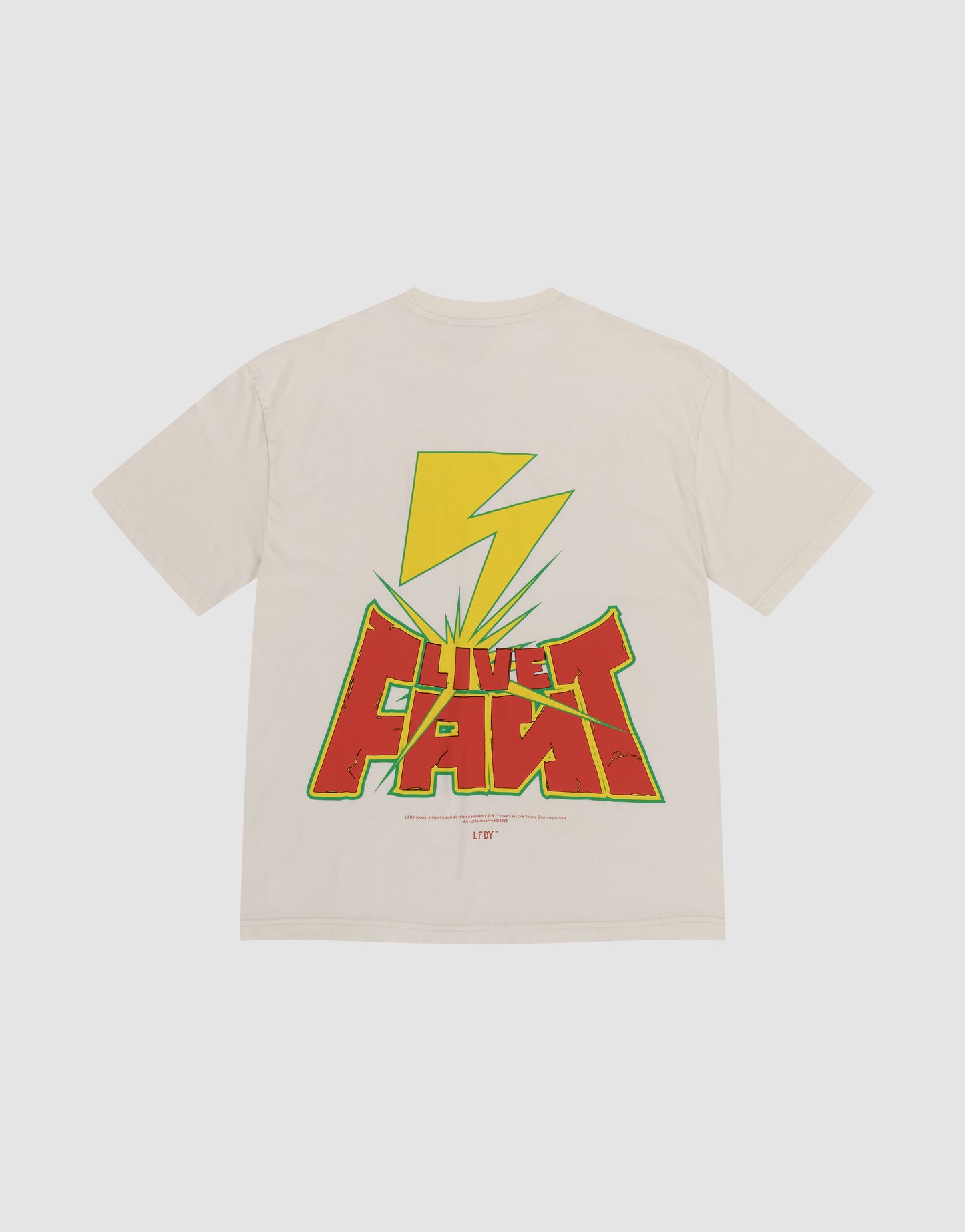 The LFDY Flash Tee by LIVE FAST DIE YOUNG is a beige oversize-fit T-shirt with a large yellow lightning bolt and bold “LIVE FAST” text on the back, comic-style front and back print, made from soft 160gsm material.