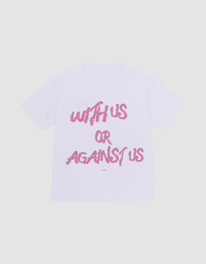 The LFDY Against us Tee by LIVE FAST DIE YOUNG is a white, oversized 100% cotton T-shirt with bold pink "WITH US OR AGAINST US" brushstroke text on the back and a subtle LFTF underneath. | plain
