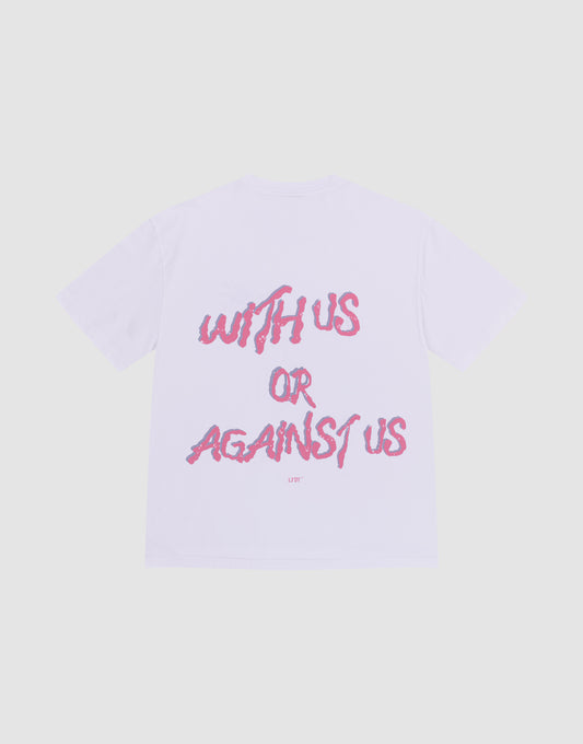 The LFDY Against us Tee by LIVE FAST DIE YOUNG is a white, oversized 100% cotton T-shirt with bold pink "WITH US OR AGAINST US" brushstroke text on the back and a subtle LFTF underneath. | plain