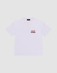 The LFDY Thunder Chest Tee by LIVE FAST DIE YOUNG is a regular fit, light gray short-sleeve shirt made from 100% Baumwolle, featuring a vibrant pink cartoon cat playing an electric guitar on the left chest. | plain