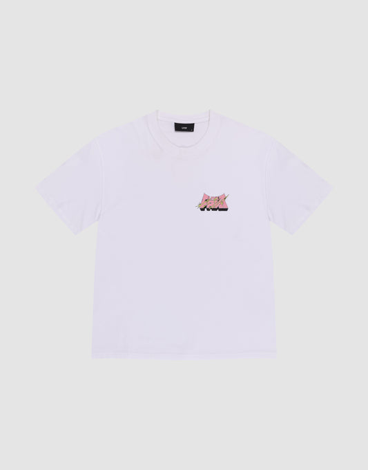 The LFDY Thunder Chest Tee by LIVE FAST DIE YOUNG is a regular fit, light gray short-sleeve shirt made from 100% Baumwolle, featuring a vibrant pink cartoon cat playing an electric guitar on the left chest. | plain