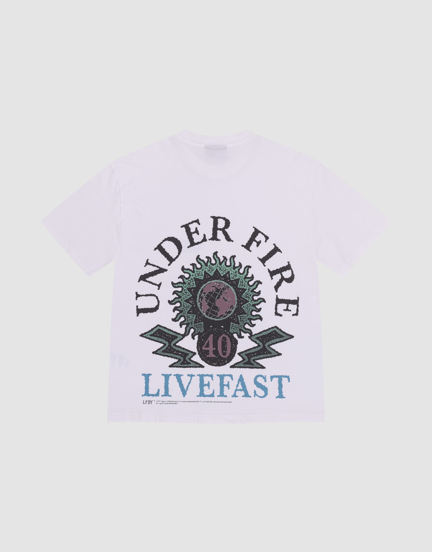 The LFDY Under Fire Tee by LIVE FAST DIE YOUNG is a white, 100% cotton oversize T-shirt with front and back prints: "UNDER FIRE" over a sunburst with "40" in a circle, plus blue "LIVE FAST" block letters below.