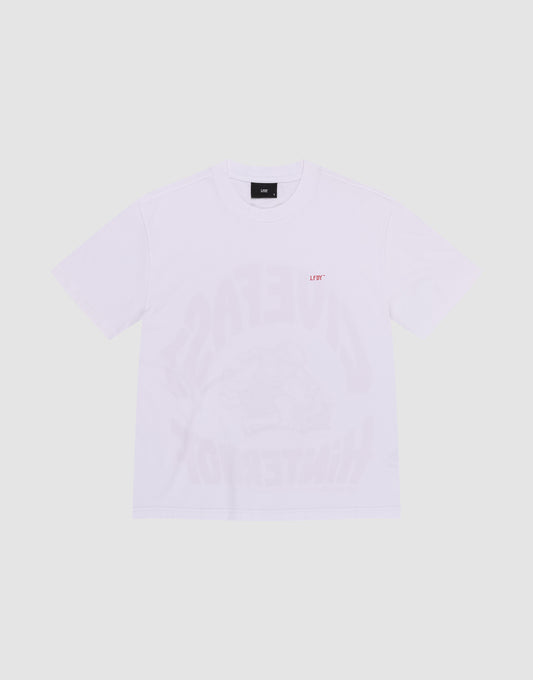 The LFDY Hinterhof Tee by LIVE FAST DIE YOUNG is an oversize fit white T-shirt made from 100% Baumwolle, featuring a small red LIFE text on the chest plus subtle front and back prints. It is shown laid flat against a light background.
