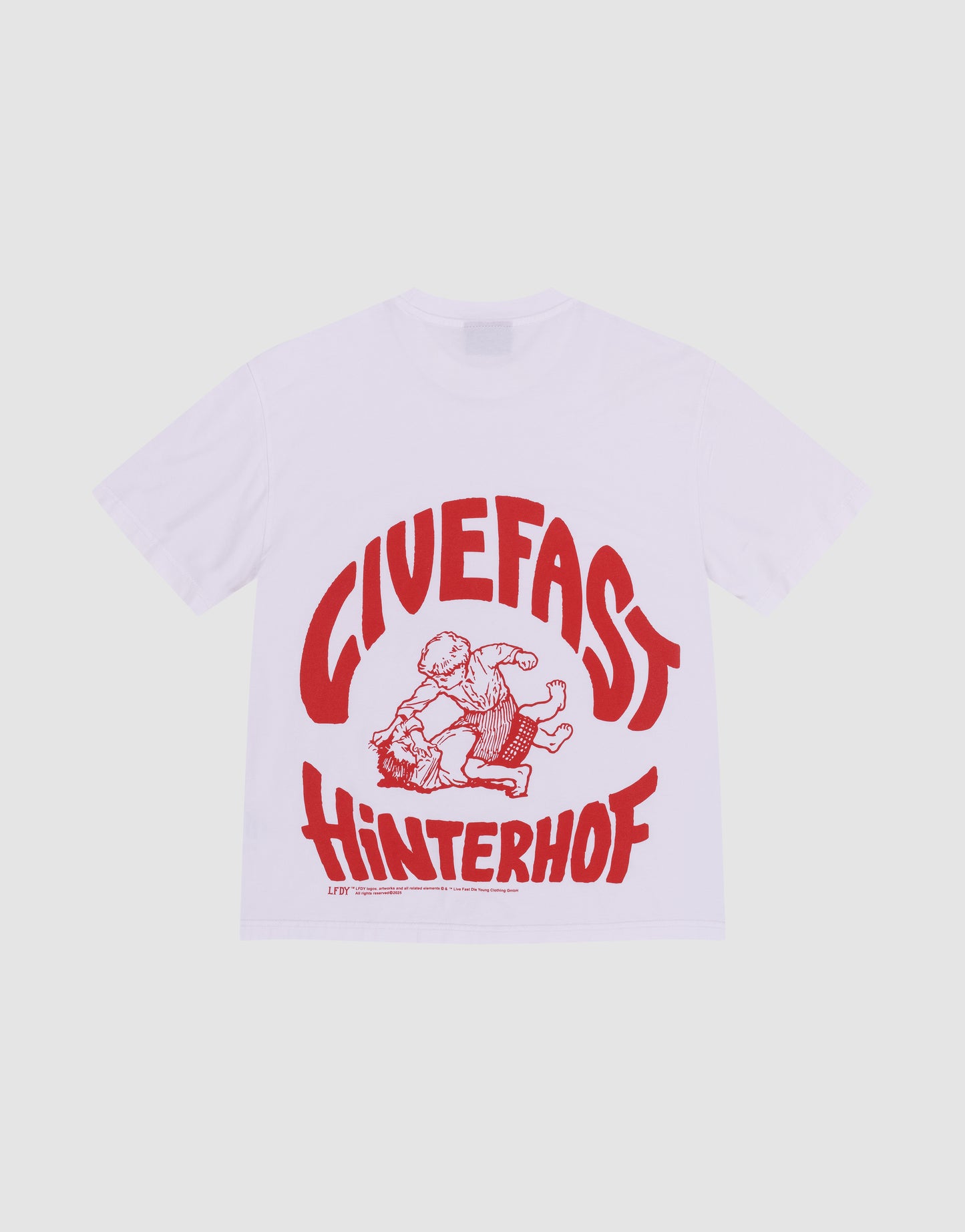The LFDY Hinterhof Tee by LIVE FAST DIE YOUNG is a white, oversized 100% cotton T-shirt featuring a bold red graphic of two wrestlers and striking GIVEFAST HINTERHOF backprint.