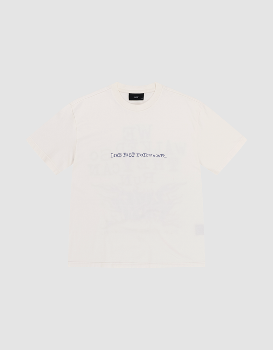 The LFDY We Walked Tee by LIVE FAST DIE YOUNG is an off-white, oversized short-sleeve shirt with "LIVE FAST FOREVER." in black uppercase on the chest, made from 100% Baumwolle and shown against a plain white background.