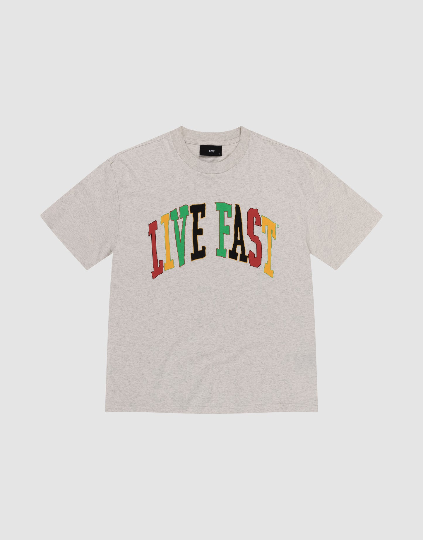 The LFDY College Tee by LIVE FAST DIE YOUNG is a light gray short-sleeve shirt in soft cotton, featuring a bold "LIVE FAST" front print in colorful block letters.