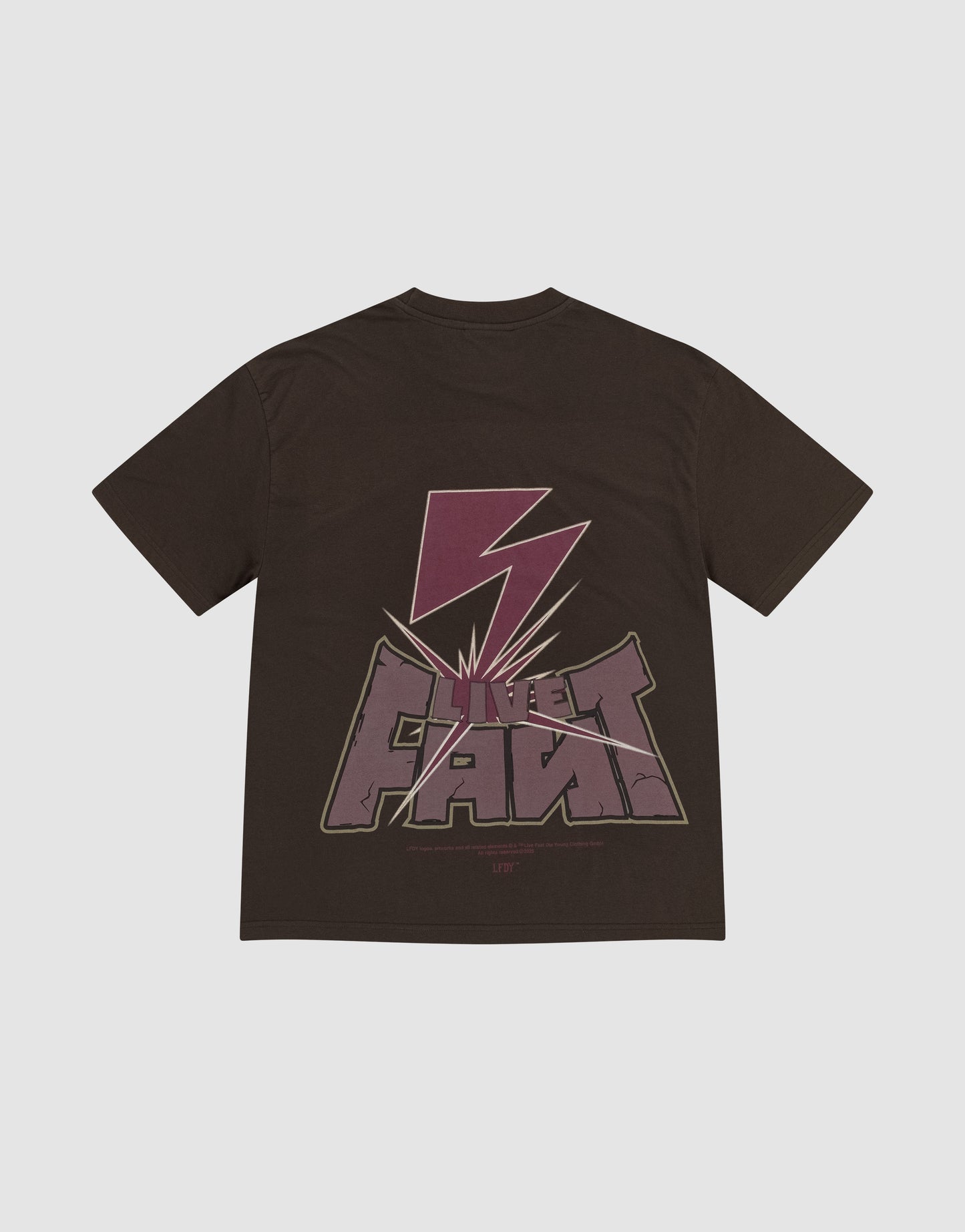 The LFDY Flash Tee by LIVE FAST DIE YOUNG is an oversized black cotton-slab shirt with a bold purple lightning bolt and FATE print on the back, featuring stylish front and back prints on a plain light background.