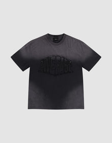 The LFDY Emblem Patch Tee by LIVE FAST DIE YOUNG is a black oversized jersey T-shirt made from 100% cotton, featuring a bold raised 'LIVE FAST' graphic, distressed look with subtle speckles, and a signature logo patch. | plain