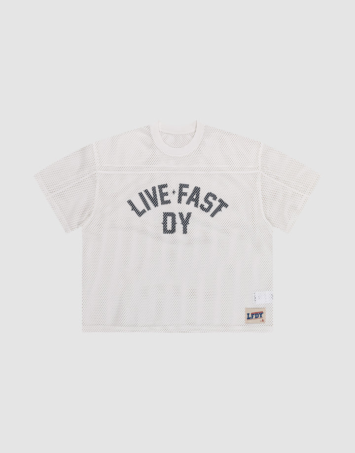 The LFDY Boxy Jersey by LIVE FAST DIE YOUNG features a white mesh, boxy fit, short sleeves, bold black "LIVE FAST DY" lettering on the front, and a small LFDY patch near the hem. Made from 100% polyester for comfort and durability. | plain