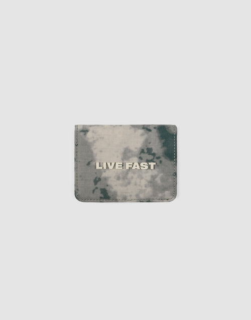 The LFDY Cardholder by LIVE FAST DIE YOUNG is a small, square wallet with a gray and black tie-dye design, Kartenfächer, and LIVE FAST in bold white letters on the front, shown against a plain light background.