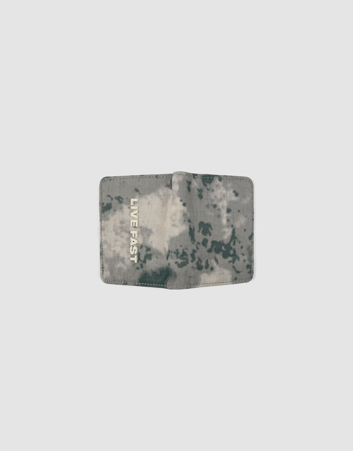An open LFDY Cardholder by LIVE FAST DIE YOUNG in gray and black camo shows "LIVE FAST" in white on the left and several visible card slots, all set against a plain light background.