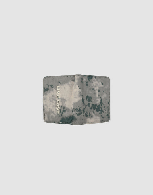 An open LFDY Cardholder by LIVE FAST DIE YOUNG in gray and black camo shows "LIVE FAST" in white on the left and several visible card slots, all set against a plain light background.