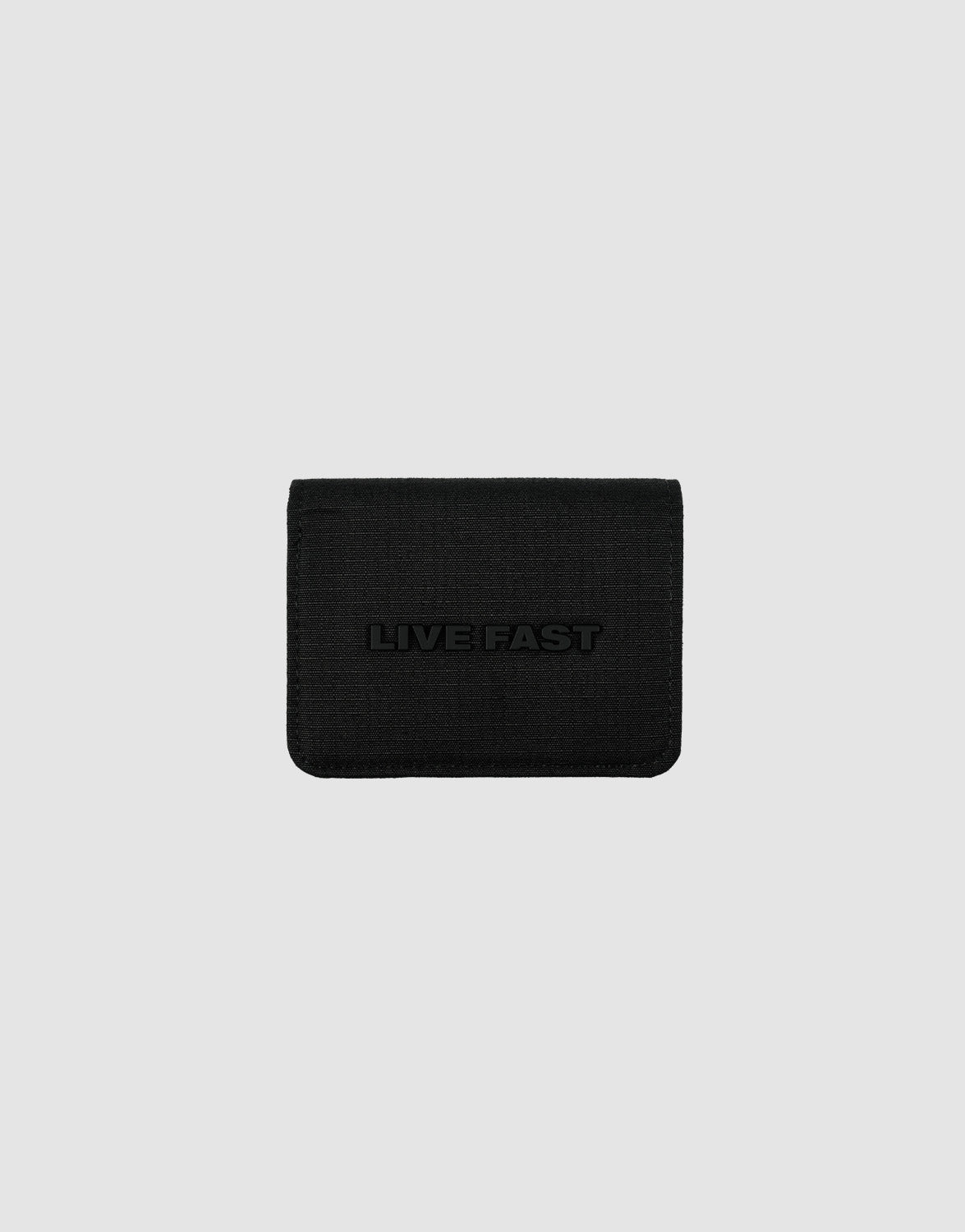 A black LFDY Cardholder by LIVE FAST DIE YOUNG features a textured surface, card slots, and "LIVE FAST" embossed on the front, shown against a plain light gray background.