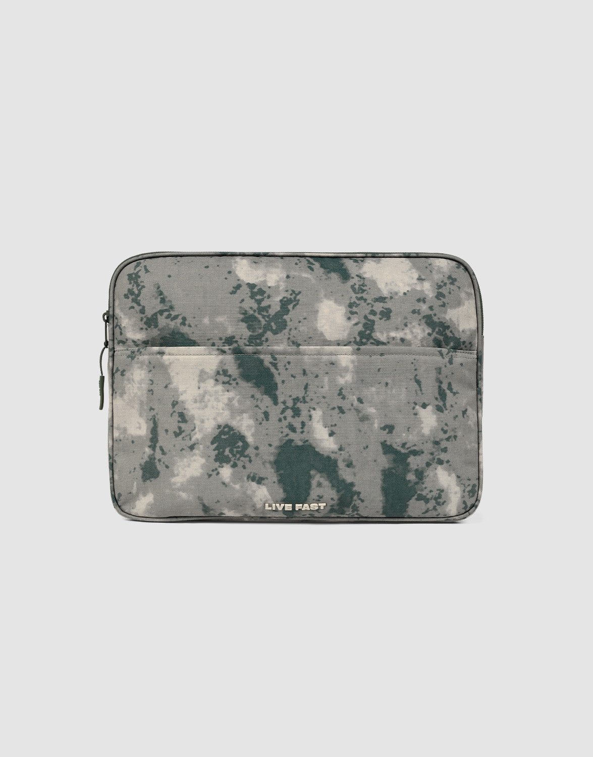 The LFDY Laptop Case by LIVE FAST DIE YOUNG features a gray and green camouflage pattern, a front zip pocket, and a left-side zipper. "LIVE FAST" is printed in white near the bottom center.